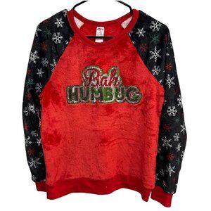 Holiday Time Bah Humbug Kids Holiday Sweater L Red Black Plush Snowflake Design